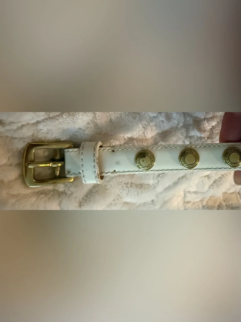 Coach White Patent Leather Vintage Skinny Belt Gold Stud Logo Accents sz S